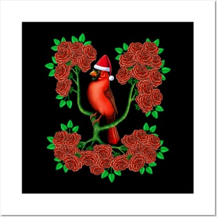 Red Cardinal in rose flowers Christmas Posters and Art